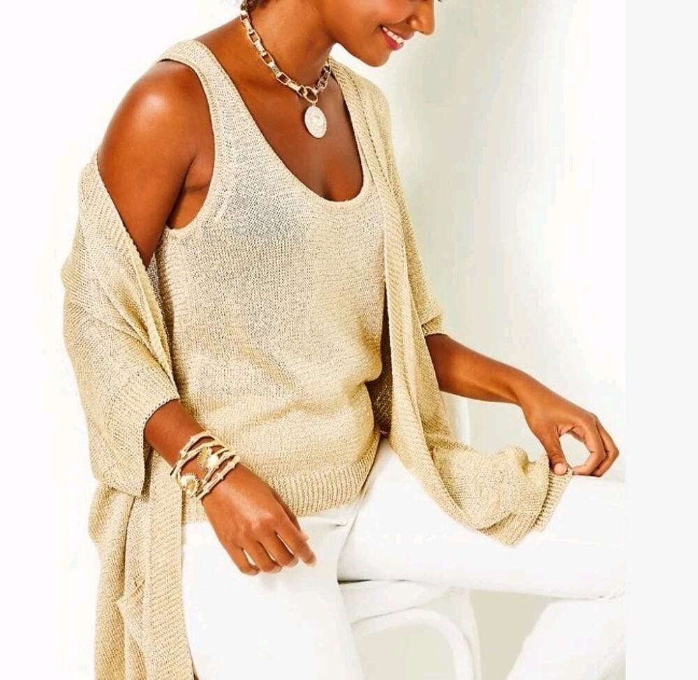 NEW Lilly Pulitzer Batsy Sweater Set Gold Metallic XL Cardigan Shell $258